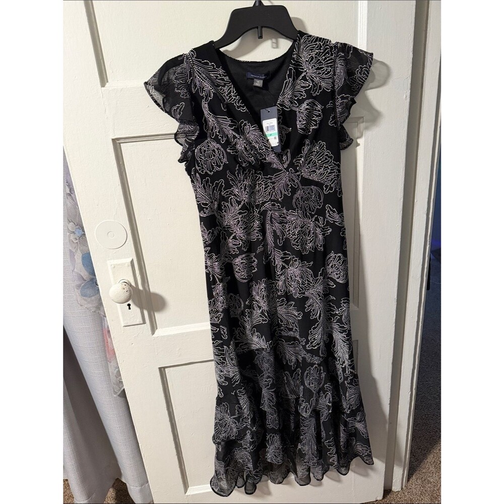 NWT Tommy Hilfiger Black White Floral Flutter Sleeve Midi Dress 8P Romantic 90's